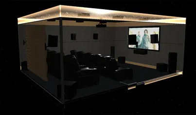 3D Home Theater Design Tool Luxurious home theater design featuring plush seating and a large screen, ideal for immersive movie experiences.