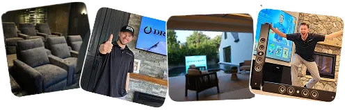 Updated-Contact Showcasing Dreamedia’s luxury home theater setups with cozy seating, outdoor viewing, and engaging client interactions.