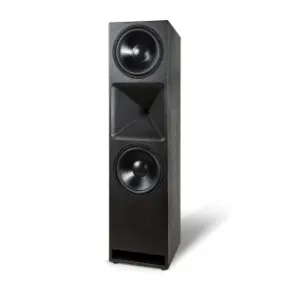 Tall black speaker with dual woofers and a horn driver, designed for optimal sound in home theater setups.